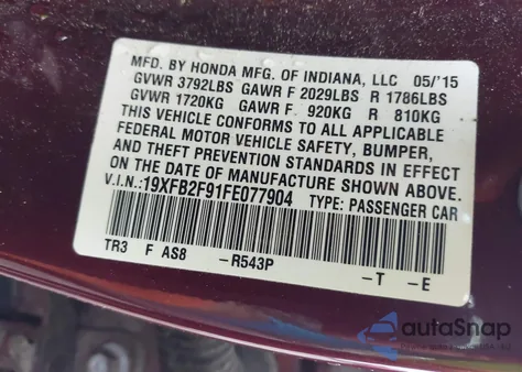 2015 Honda Civic Ex-L из США, поврежденный, VIN 19XFB2F91FE077904